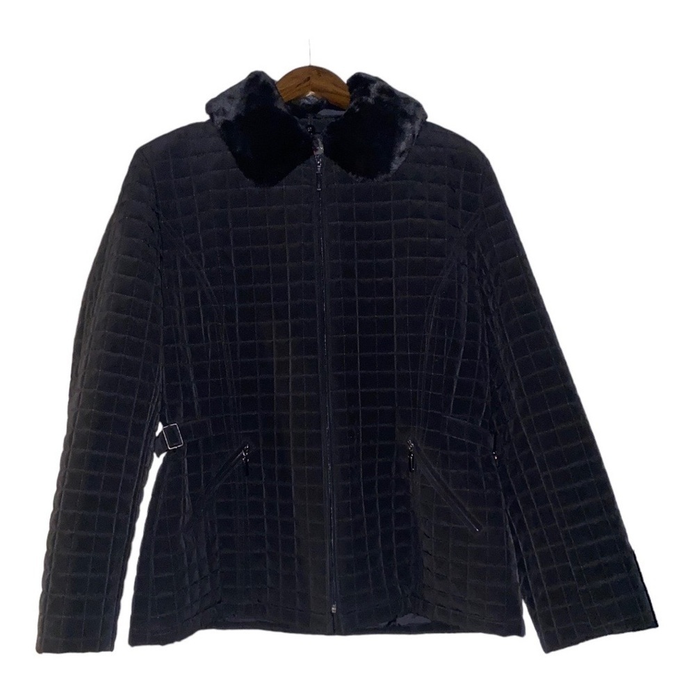 Gallery Quilted Cinch Waist Lined‎ Jacket Winter Outdoor Black Faux Fur Women XL
